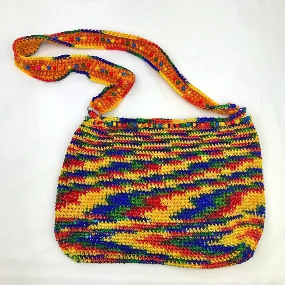 Artisan Handmade Multicolored Crochet Beaded Shoulder Bag